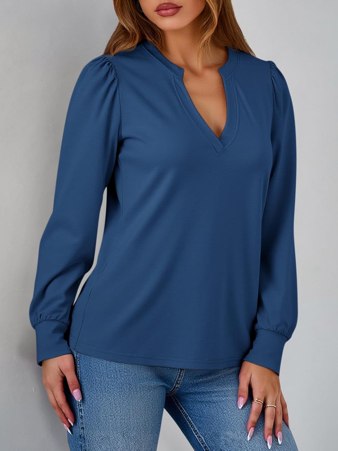 Tankaneo Womens Puff Long Sleeve Tunic Tops Trendy Casual V Neck Fall Shirts Loose Fit Basic Tees - Image 4