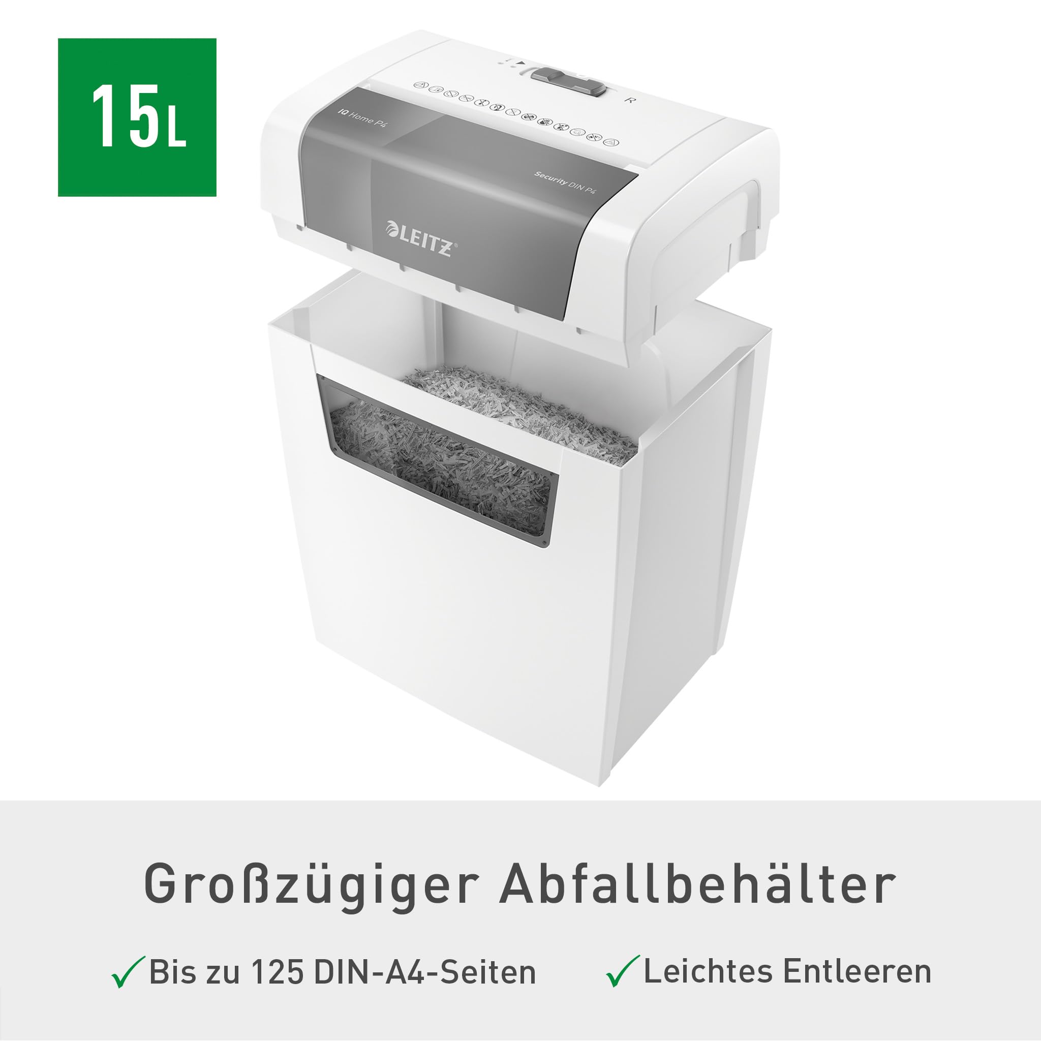 Leitz IQ Home Aktenvernichter, 7-6 Blatt (70-80 g/m²), TÜV+GS zertifiziert, Kleiner Partikelschnitt Schredder, Sicherheitsstufe P4, 15 Liter Behälter, Leise & kompakt für Home Office, Weiß, 80340000