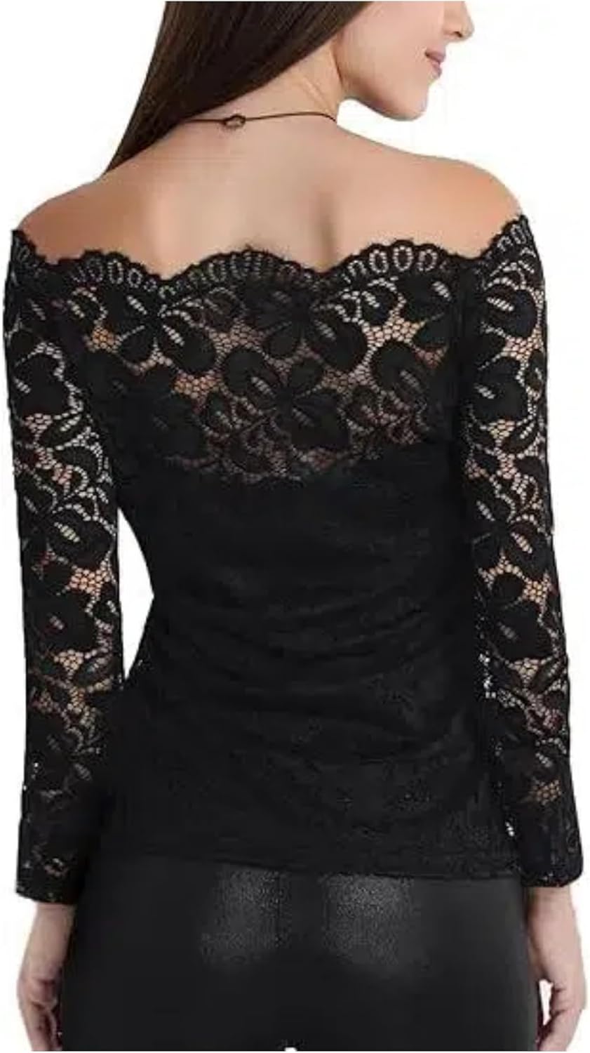 DJT Womens Off The Shoulder Tops Sexy Floral Lace Long Sleeve Slim Fit Shirts Dressy Casual Party Clubwear Outfits - Image 3