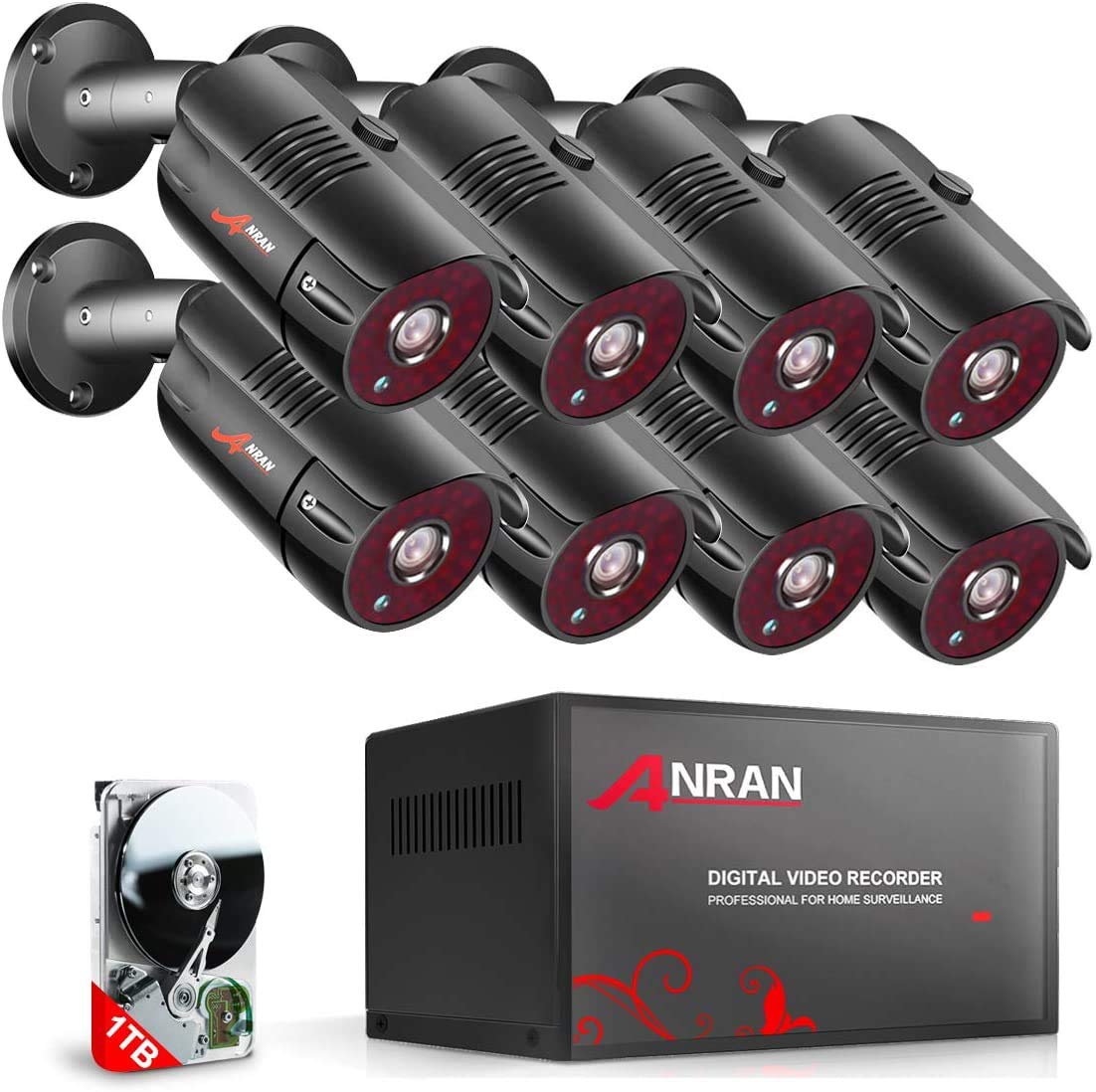 ANRAN 8CH Home Security Camera System 5MP HD TVI AHD DVR Video Recorder with 1TB Hard Drive 8pcs 1920TVL Outdoor Indoor CCTV Surveillance Bullet Cameras IR Night Vision Easy Remote Access Motion Alert