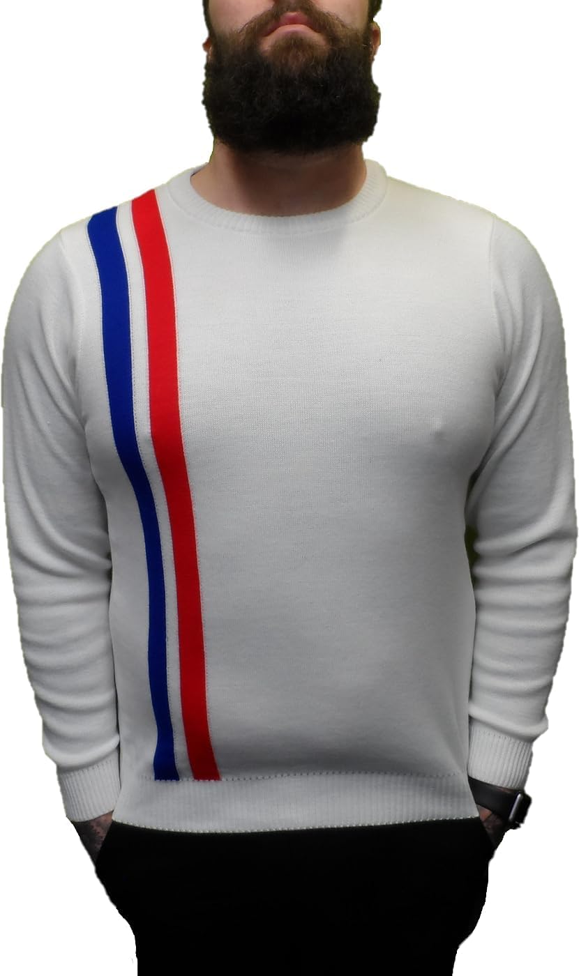 Mazeys Mens Racing Stripe Retro Crew Neck Jumper (UK, Alpha, XXL, Regular, Regular, White)