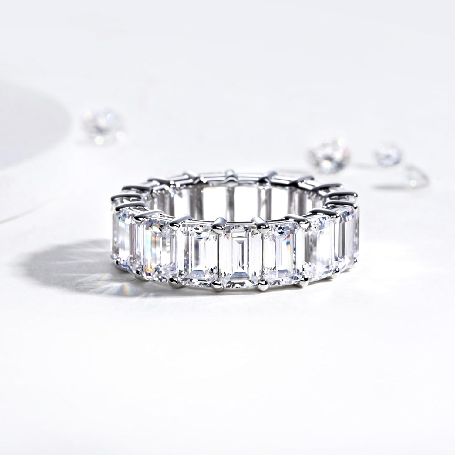 Yeesoth Eternity Ring for Women White Gold Plated Sterling Silver Wedding Band, 10 Carat Emerald Cut Cubic Zirconia Eternity Band - Image 3