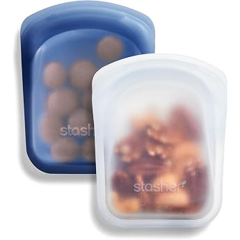 Stasher Pocket Silicone Bags Pack of 2, Freezer Bags, Clear &amp; Deep Sea | Compact freezer bags for snacks &amp; meal prep; food st
