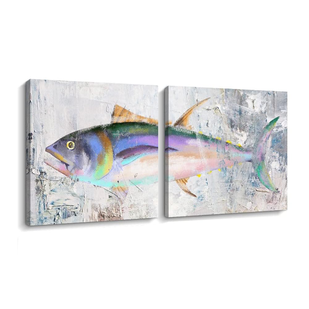 Creoate Fish Canvas Wall Art Coastal Fish Painting for Bathroom Wall Decor Vintage Colorful Tuna Ocean Animal Picture for Home Decoration…