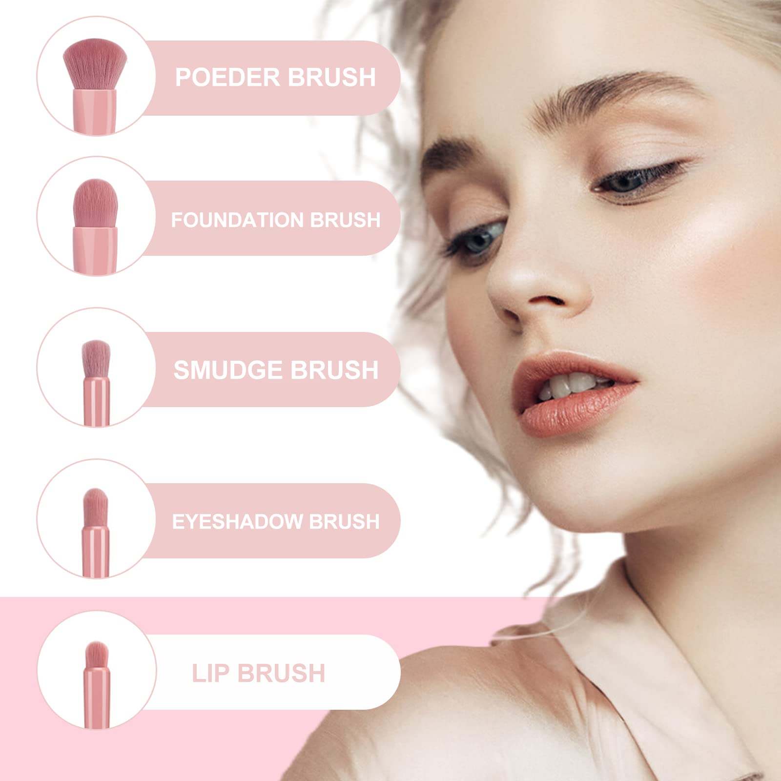 5pcs Portable Makeup Brushes,Premium Synthetic Brush with Mirror Box Professional Foundation Eye Shadow Blush Makeup Brush Travel Face Kabuki Makeup Brush Kits for Travel Daily Date Stage Touch-up - Image 4
