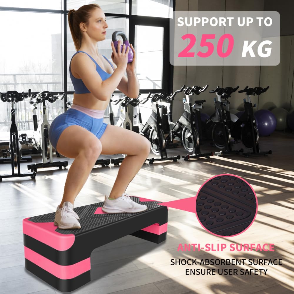 Stepper do aerobiku, regulowana platforma fitness, step board z regulacją wysokości, do treningu cardio, treningu w domu, treningu równowagi i ćwiczeń aerobowych (czerwony)
