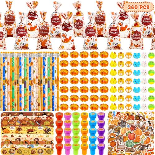 Hiawbon 40 Pack Assorted Thanksgiving Stationery Set 360PCS Thanksgiving Stationery Bulk Thanksgiving Goodie Bag Stuffers Fillers Pencils Erasers Stamper Stickers Bracelet for Thanksgiving Gifts