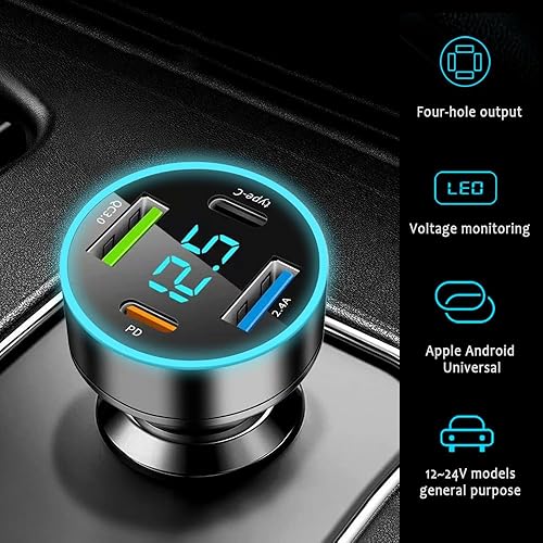 Miniatura 5 de Cargador rápido de coche de 4 puertos, pantalla de voltímetro actualizado PD+QC3.0+USB C cargador de coche para encendedor de cigarrillos de 12-24