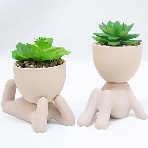 Zerzsy 2 plantas suculentas artificiales con macetas creativas en forma de humano, decoración de escritorio, plantas artificiales de interior para