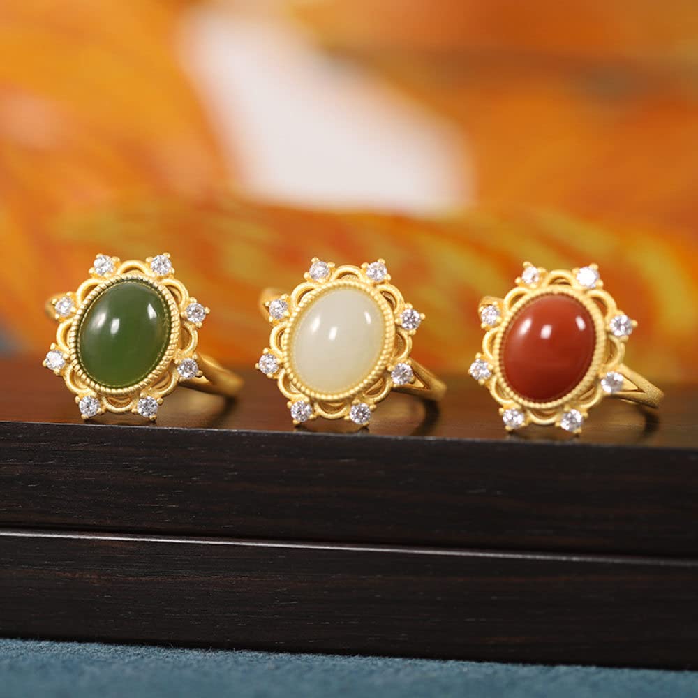 Ring Aus 925Er Sterlingsilber, 925 Sterling Silber Vergoldete Micro-Set Zirkon Blume Geformt Ausschnitt Boho Oval Hetian Jade Ewigkeitsringe Vergoldete Trauringe Versprechen Ringe Für Mädchen Damen