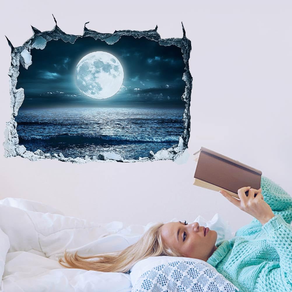 SUPERDANT 3D Wall Stickers Moon Over the Sea 3D Break Through Wall Decals, Moon and Ocean Art Stickers Peel and Stick for Nursery Living Room Bedroom Indoor Home Decor