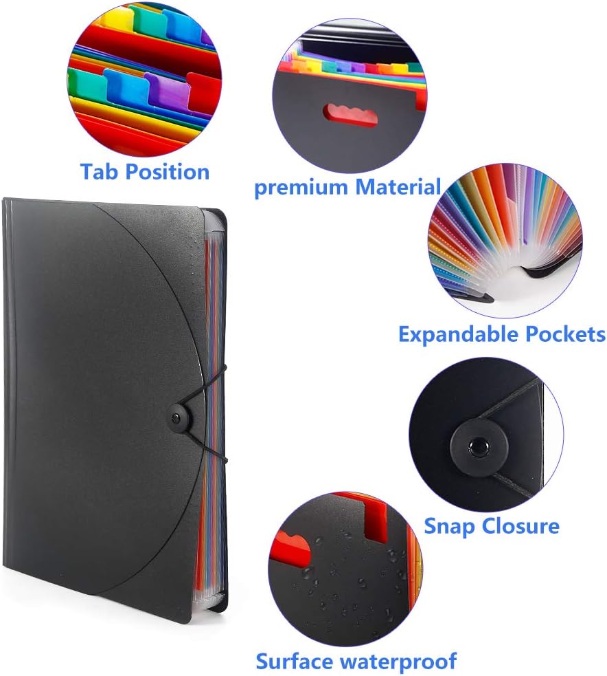 Expanding File Folder, 12 Pockets Portable Accordion A4 Letter Size Document Holder Desk File Storage Bag Rainbow Layers with Colorful Labels and Lid for Office,Business, Home, School Supply