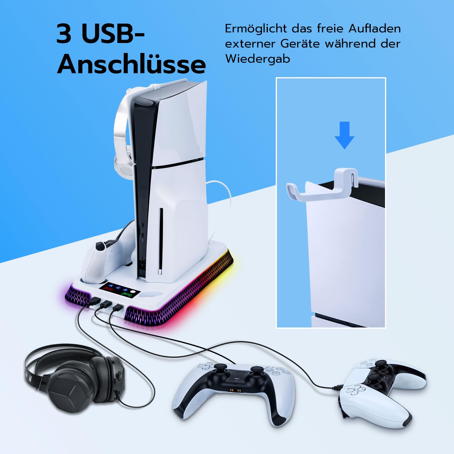 Wigearss PS5/PS5 Slim/PS5 Pro Kühler Standfuß mit Dual Controller Ladegerät, PS5 Controller Ladestation Standfuß mit Lüftert, RGB Licht für PS5/PS5 Slim/PS5 PRO UHD/Digital Edition