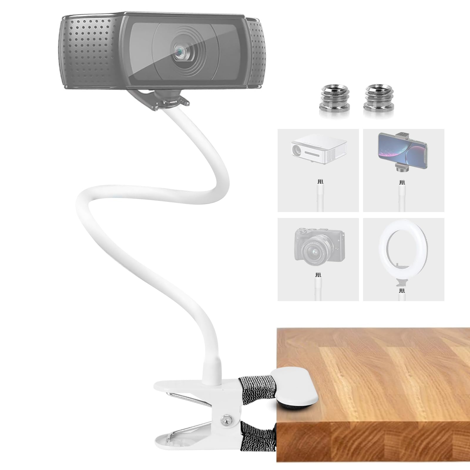 Supporto per Webcam, Filettatura da 1/4" Supporto a Collo d'oca Flessibil Con 2 Filettatura da 3/8", Fotocamera, Braccio per Fotocamera per Phone Webcam Luce Anulare (Bianco)
