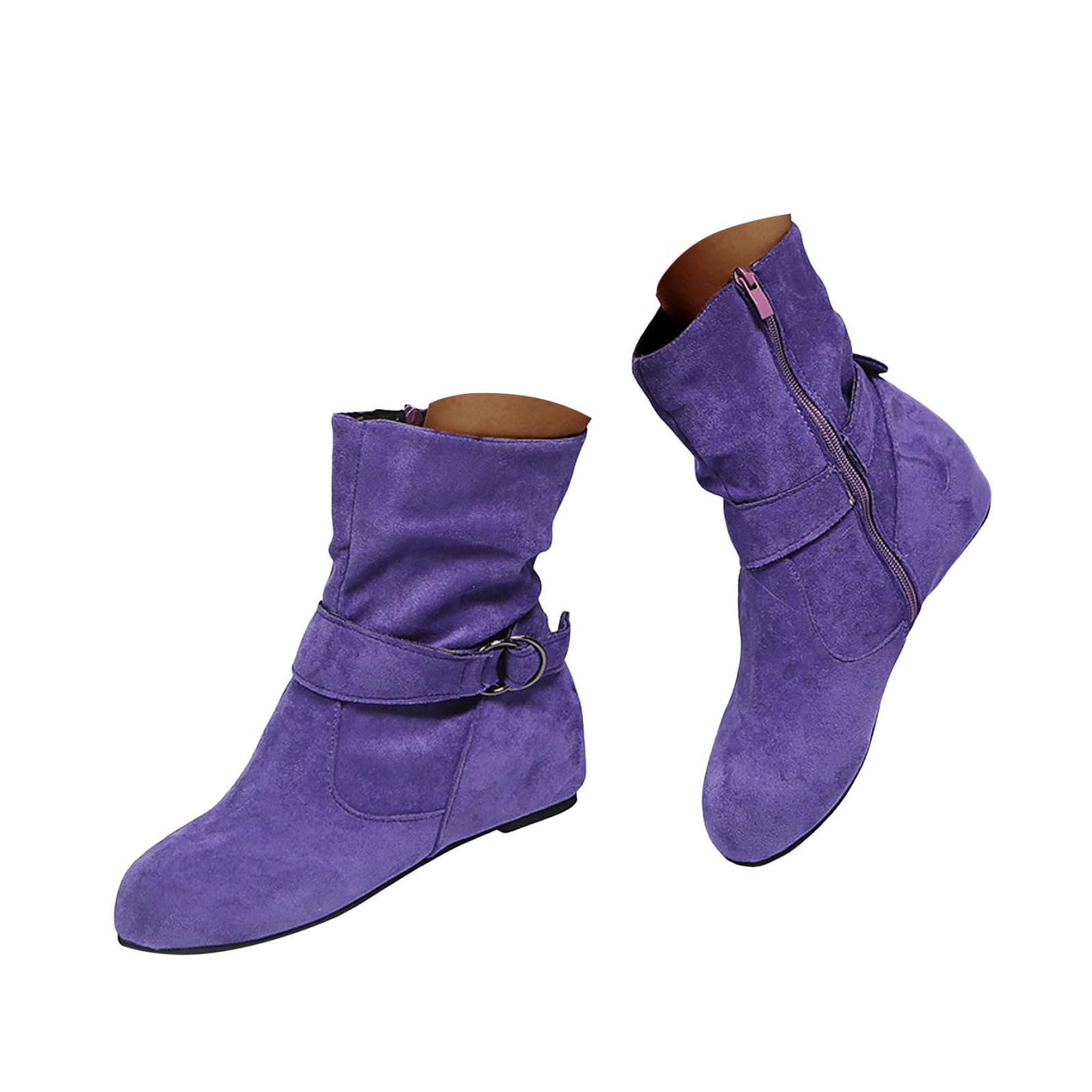 Womens Slouch Flat Mid Calf Boots Socks Fashion Round Toe Suede Booties Wide Width Flats Dressy Comfort Casual