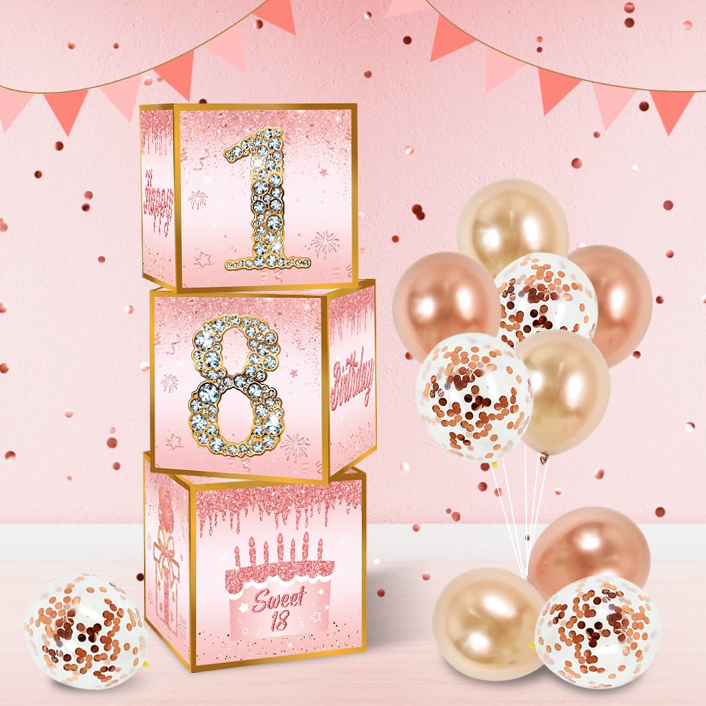 TONIFUL 4 Pcs Sweet 18th Birthday Decorations Balloon Boxes for Girl, Eighteen Years Old Birthday Cardboard Box,Pink and Rose Gold 18th Birthday Party