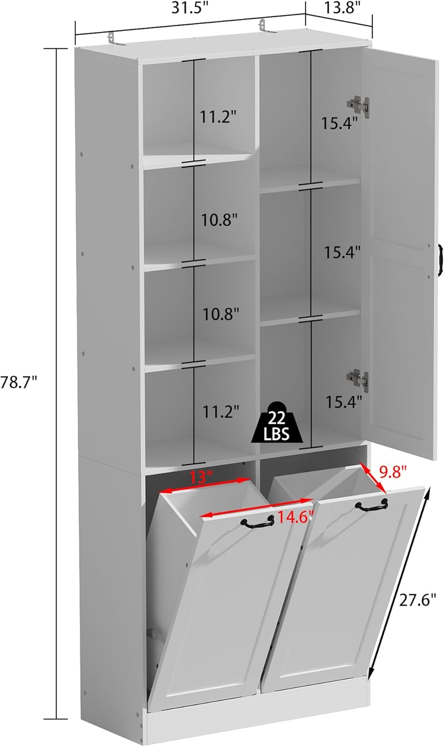 Double Tilt Out Laundry Hamper, Hidden Laundry Hamper Cabinet with Adjustable Shelves & 2 Tilt Out Trash Cabinets (14 Gallon Each) for Bathroom Kitchen, White 1 Door
