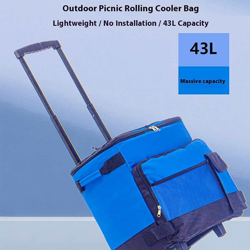 Borsa termica da 43 litri con ruote e maniglia - Borsa termica grande con cerniera e tasca in tessuto Oxford resistente per esterni, blu