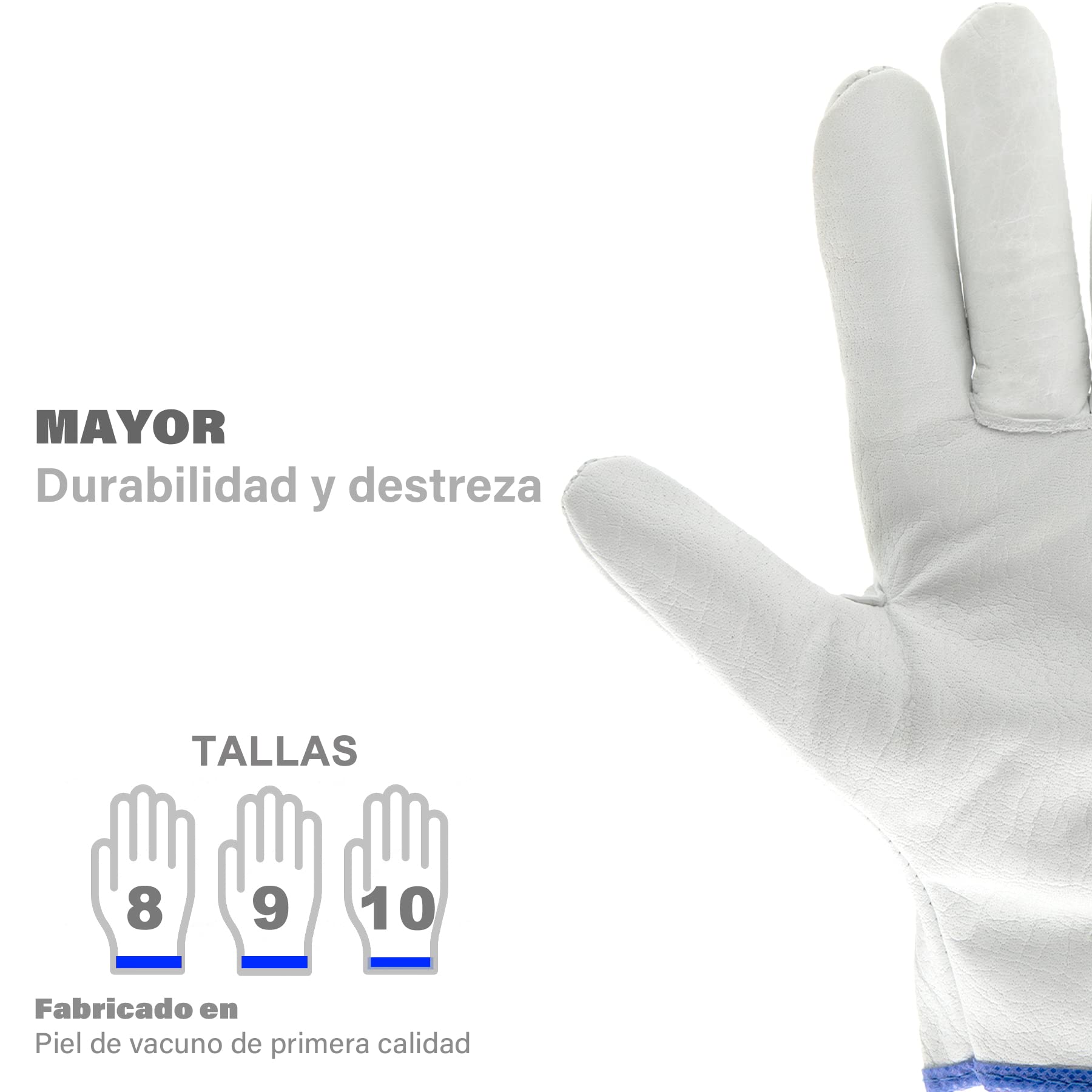 Guantes de Protección de Piel con Borrego para Fontanería, Jardinería, Soldadura y Mecánica, Guantes Piel Flor Vacuno Natural, Guantes de Trabajo en Cuero, Tallas 8 a 10 en 6 o 12 pares