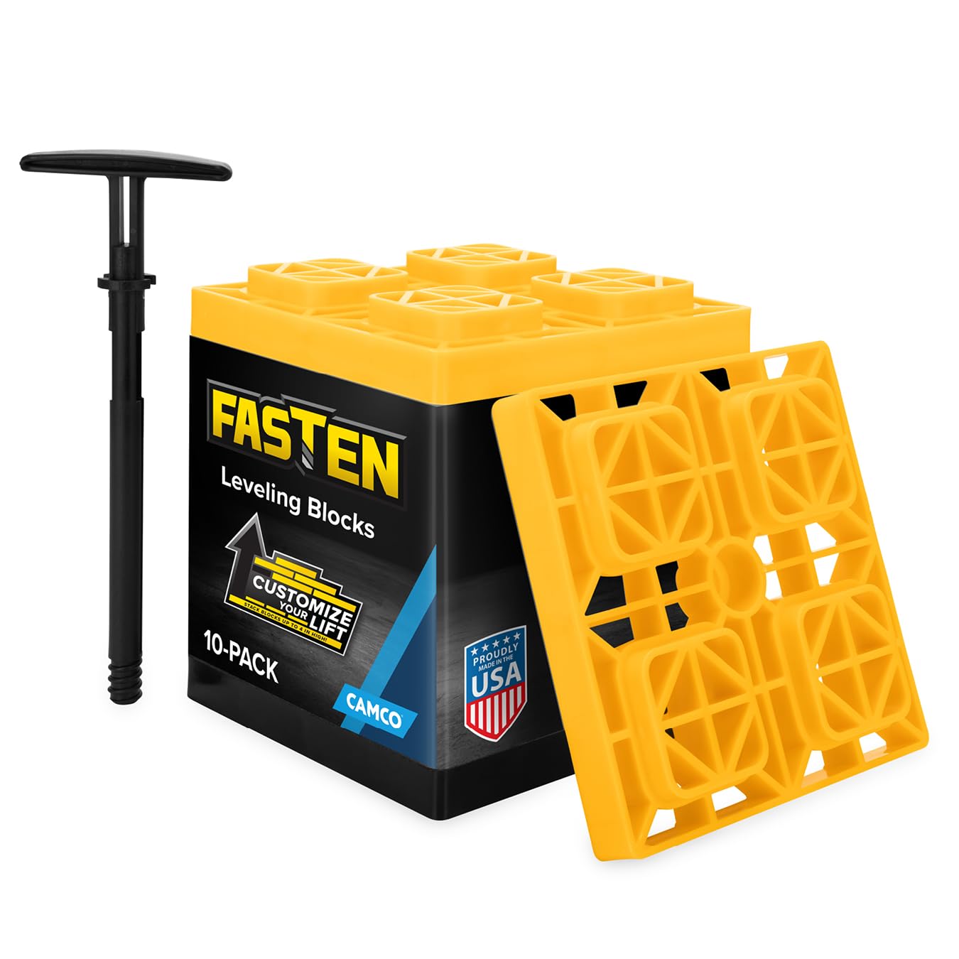 Camco FasTen RV Leveling Blocks - Features Interlocking Design for Customizable Height - Carrying Handle Twists to Secure Blocks for RV Storage - 8.5” x 8.5” x 1”, Yellow, 10-Pack (21022)