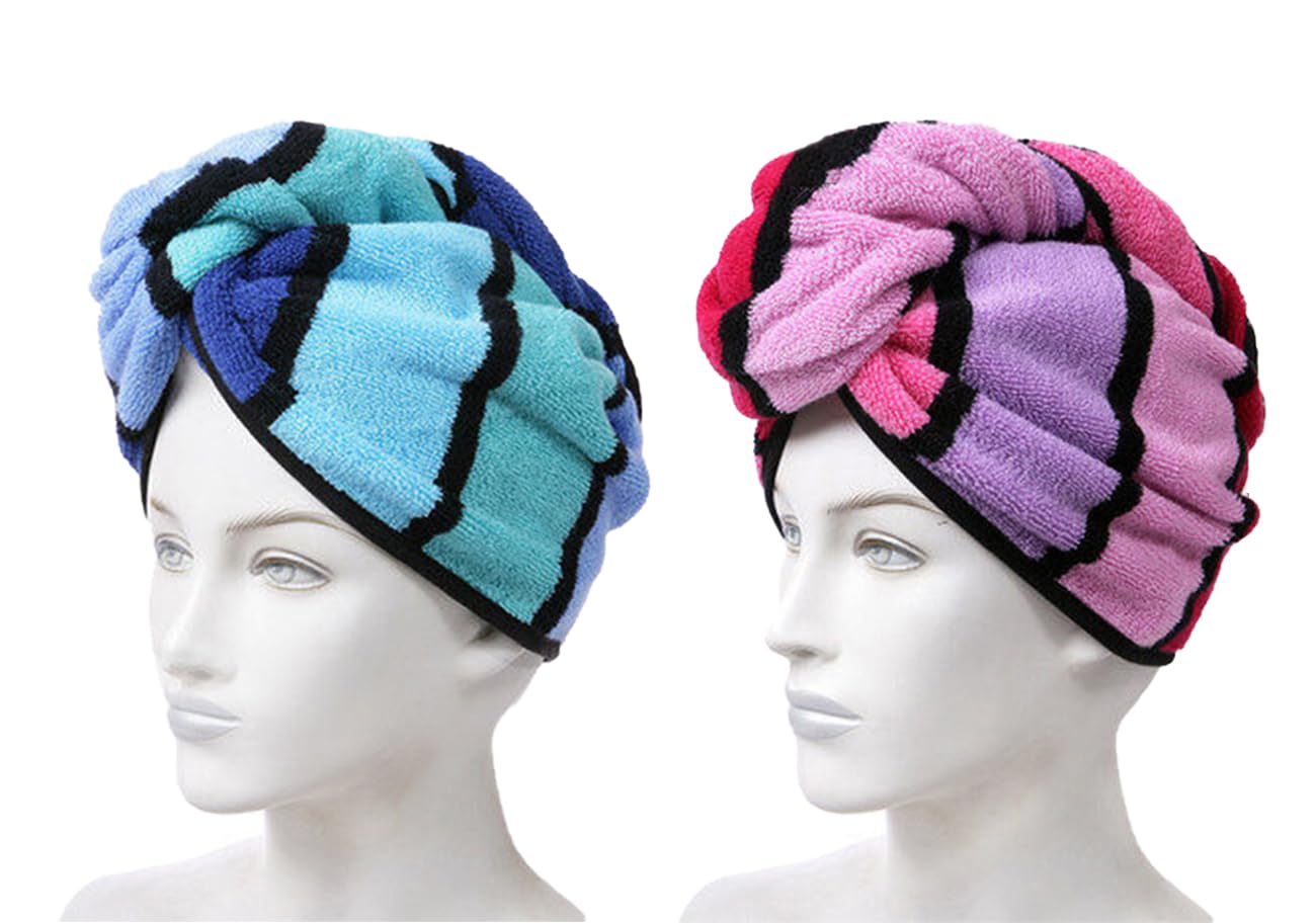 Wenlly 2 Pack 100% Cotton Hair Drying Towel, Hair Towel wrap with Button for Women, Shower Head Towel, Dry Hair Turban (red & Blue)