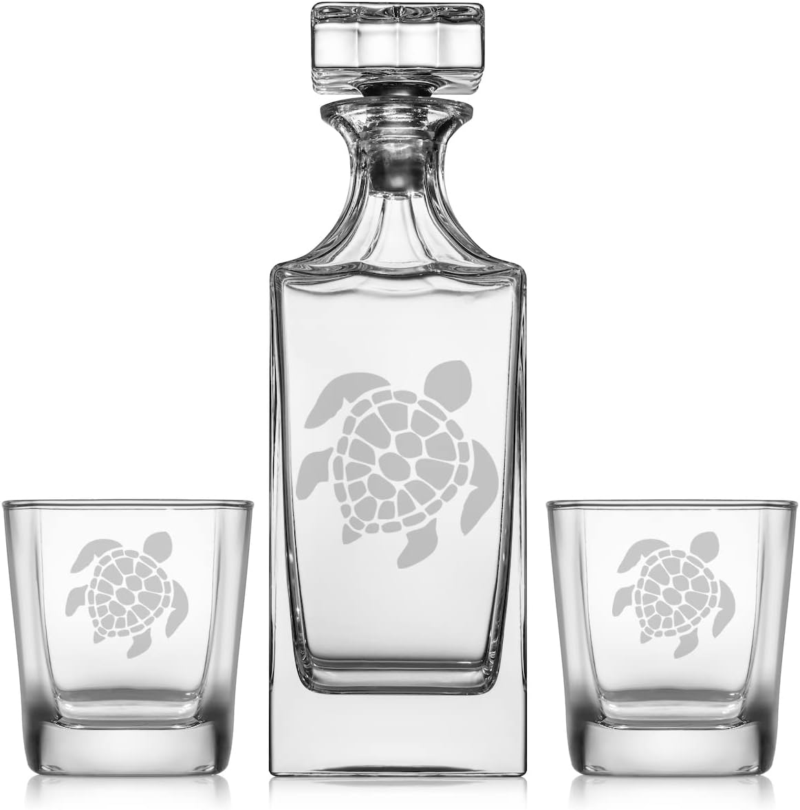 Whiskey Decanter Gift Set with 2 Whiskey Old Fashioned Rocks Glasses Sea Turtle