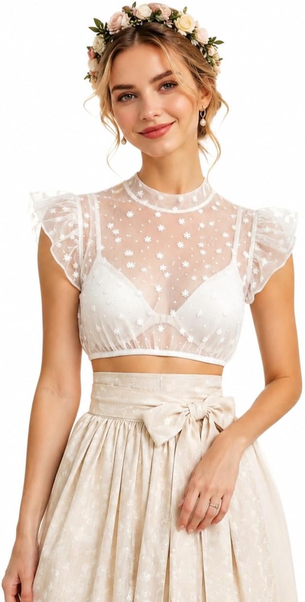 Bluse Damen – Dirndlbluse Transparent mit Punkten Puffärmel Trachtenbluse Kurzarm für Oktoberfest & Bayerische
