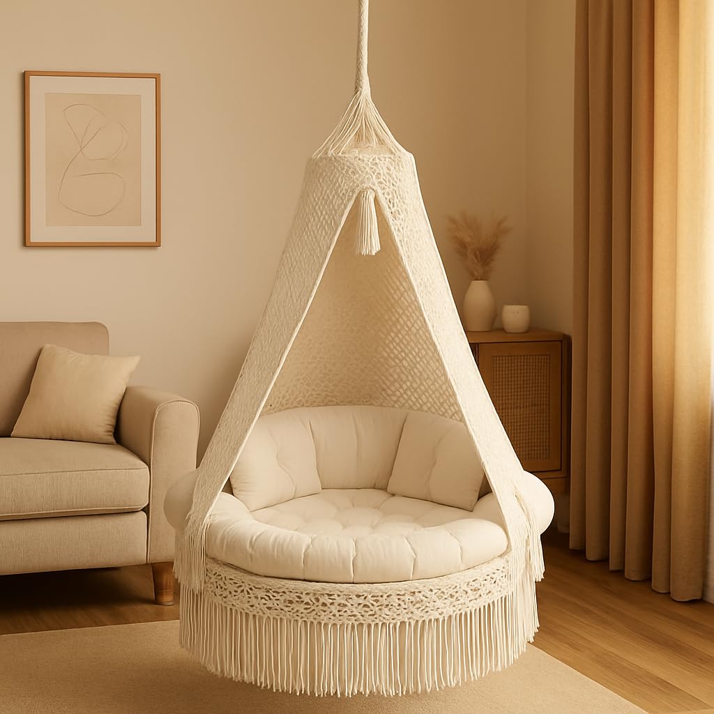 Macrame Swing Hammock Chair for Adults & Kids | 33 Inch Hanging Swing with Cushions | 120kg Capacity | Cotton Rope Jhula for Balcony, Living Room, Terrace, Kids Room (Off White)-image-3