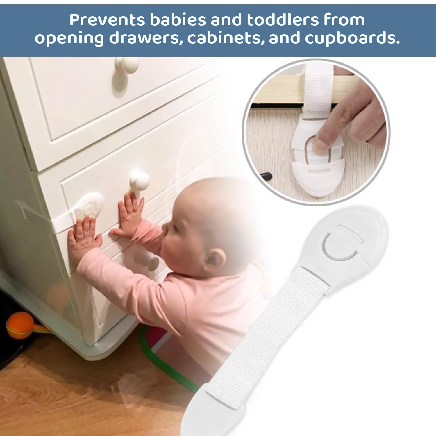 Safe-O-Kid Baby Safety Combo Child Safety Locks | Baby Proofing Cabinet, Drawer, Fridge & Cupboard Locks | 5 Smiley End Locks + 5 Nylon Safety Locks with Strong 3M Adhesive 4