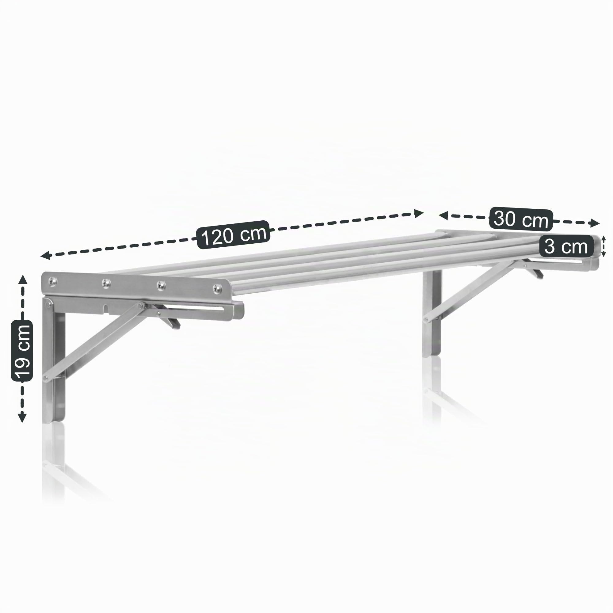 Mahlzeit Mensola da parete in acciaio inox, design asta, 120 x 30 cm, pieghevole, argento, in acciaio inox, montaggio a parete, per cucina, cucina, mensola da parete, mensola da parete per la