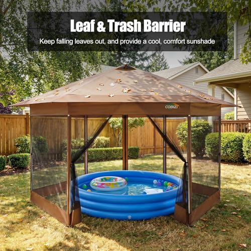 Image of COBIZI 16x16 Pop Up Gazebo Tent with Mosquito Netting, Gazebos on Clearance, Hexagonal Outdoor Canopy Shelter, Patented Center Lock 6-Sided Portable Gazebos, Pop Up Canopy Tent for Backyard, Brown