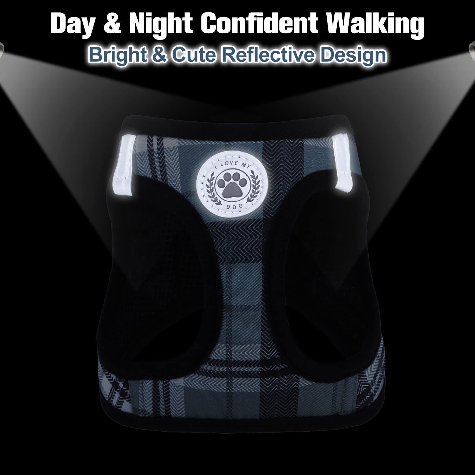 BEAUTYZOO Small Dog Harness and Leash Set,Step in No Choke No Pull Soft Mesh Dog Harnesses Reflective for Extra-Small Medium Puppy Dogs and Cats, Plaid Dog Vest Harness for XS S Pets, Grey S