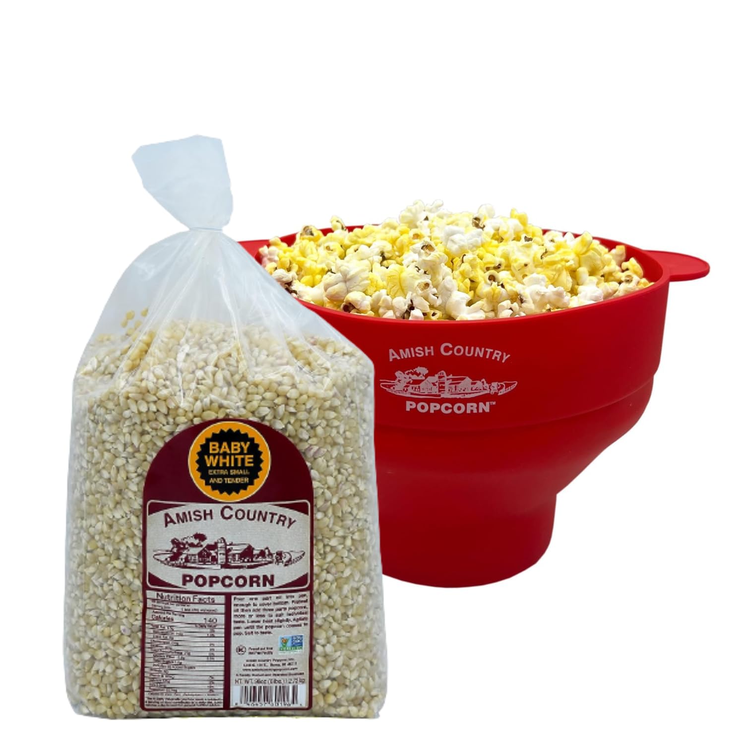Amish Country PopcornBaby White (6 Pound Bag) and Red Silicone Popcorn Popper Bundle | Small & Tender Popcorn | Popper is BPA and PVC Free with Handles, Dishwasher Safe