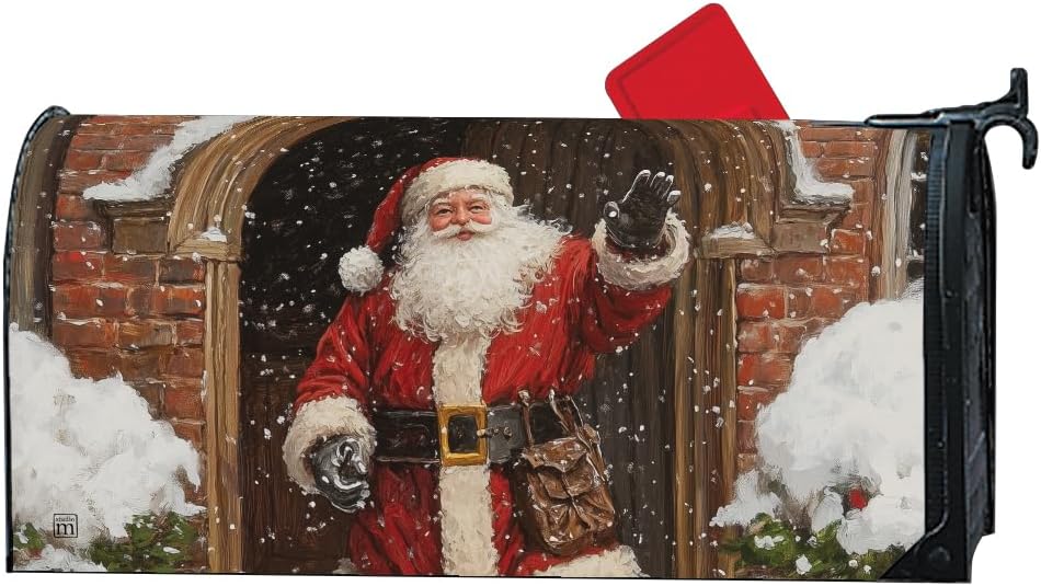 Studio M Decorative Christmas Holiday MailWrap Fits Standard Size 6.5 x 19 Inch Mailbox Weather Resistant Vinyl Red and White Vintage Santa