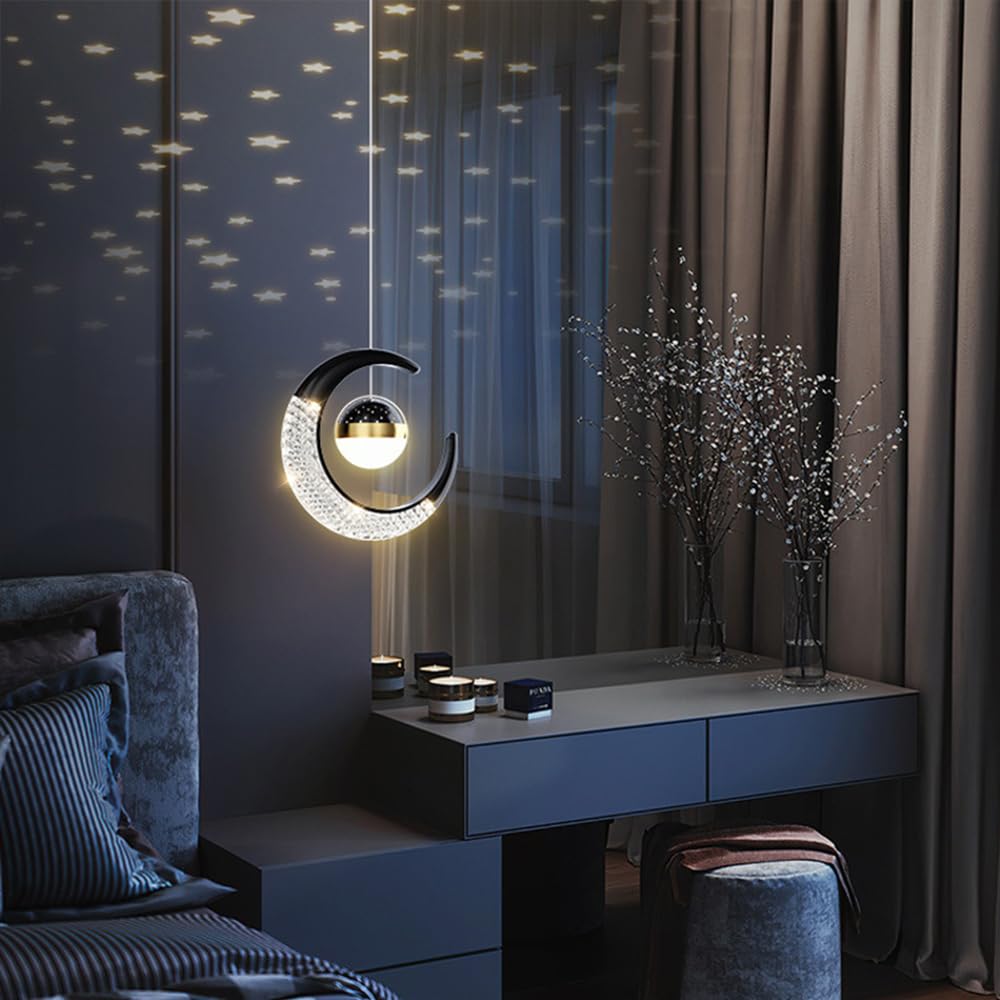 10W LED Lámpara Colgante Lampara Infantil, Lamparas de Araña Luna de Diseño Creativo Forma de Estrella, Dormitorio Lamparas de Techo Habitacion Los Niño Luz Colgante (Negro (Blanco cálido 3000K))