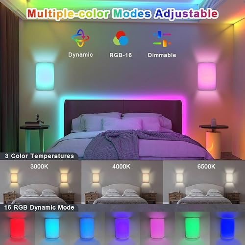 Miniatura 2 de Moobibear Aplique de pared a pilas, 16 colores RGB cambiables, luz de pared regulable con control remoto, apliques de tela de altura, iluminación de