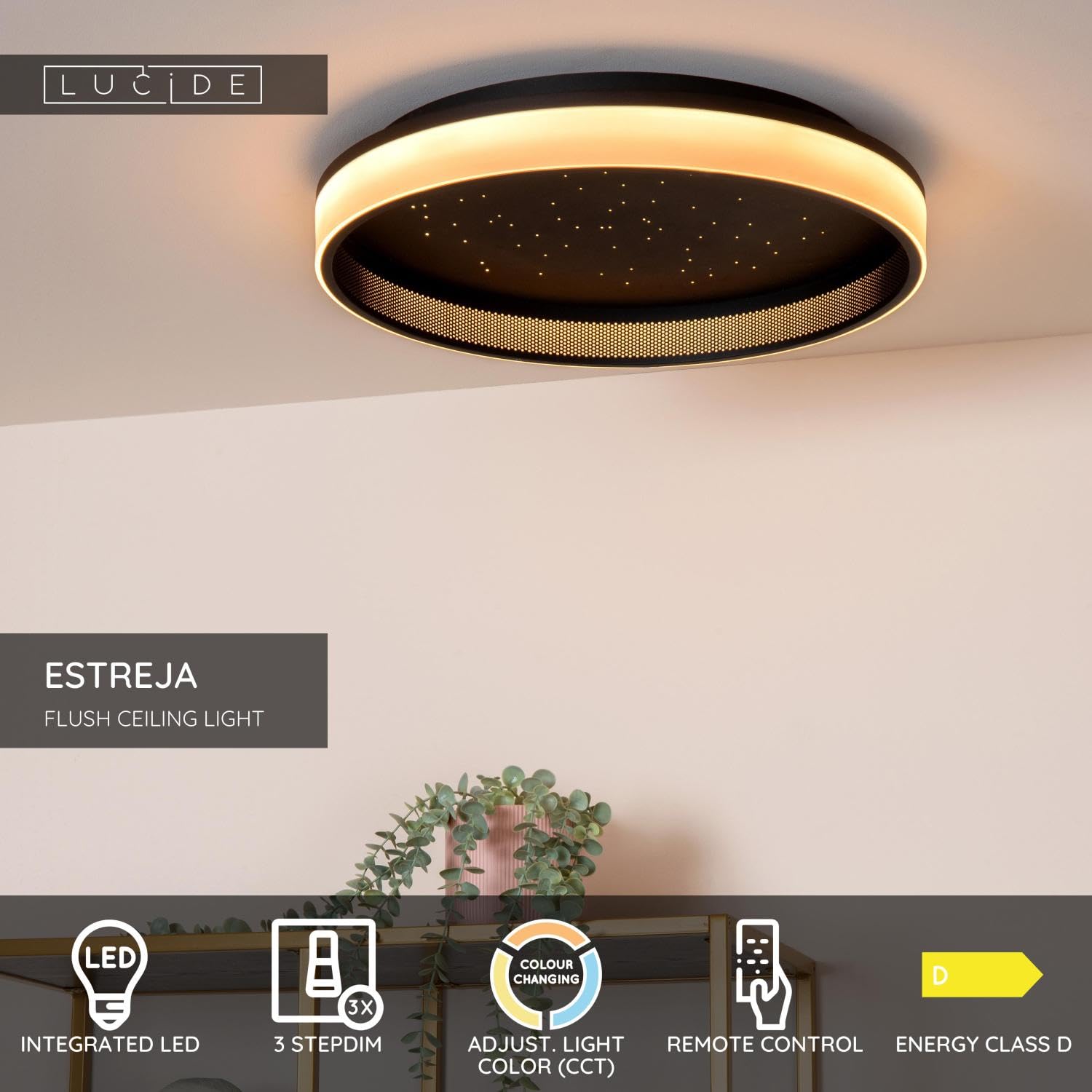 LUCIDE ESTREJA - Lámpara de techo - Ø 40 cm - LED 3 StepDim - CCT - 2500K/3000K - Negro