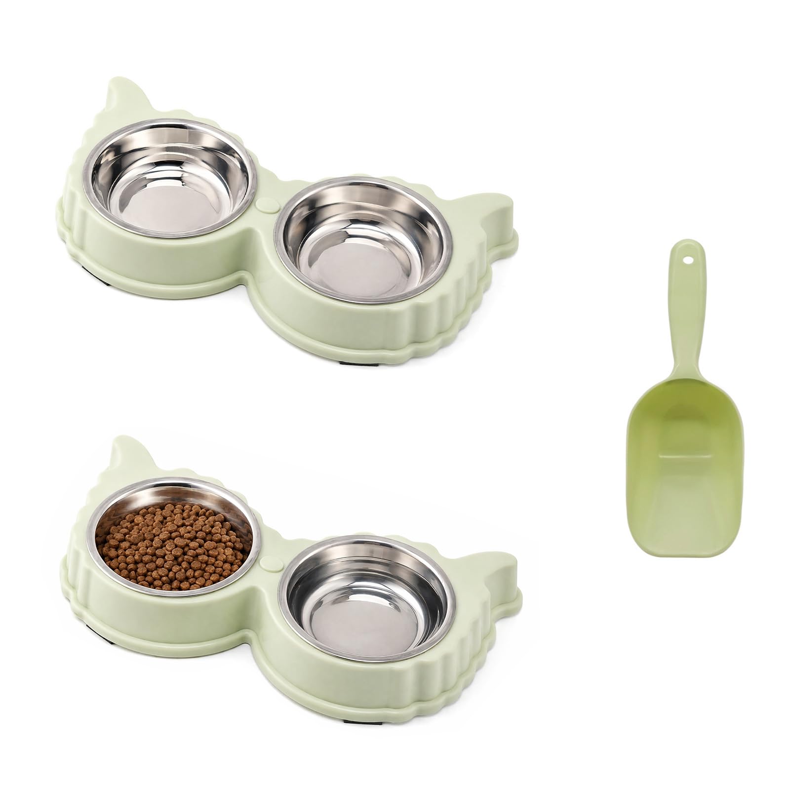 3Pcs Double Cat Bowl Set with Stand, Stainless Steel Pet Food Water Bowls (Green)