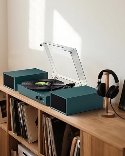 Miniatura 6 de Tocadiscos retro Bluetooth con altavoces externos, tocadiscos de 3 velocidades por correa, grabación USB a PC, salida AUX y RCA, parada automática,