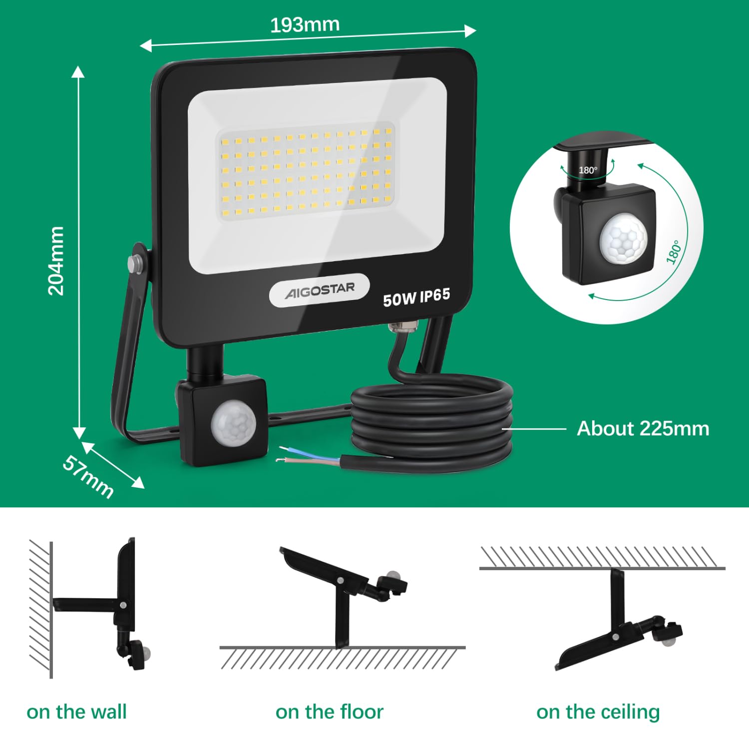 Aigostar 50W Foco LED Exterior con Sensor Movimiento PIR 4500LM Super Brillo 4000K
