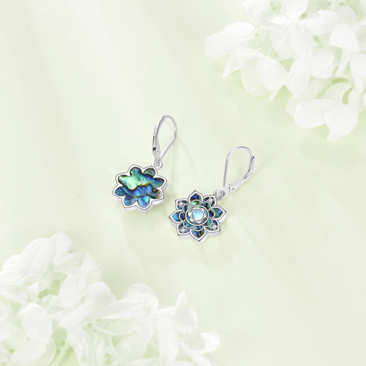 VONALA Lotus Earrings for Women 925 Sterling Silver Abalone Shell Flower Earrings Drop Dangle Leverback Lotus Jewelry Gifts for Her - Image 6