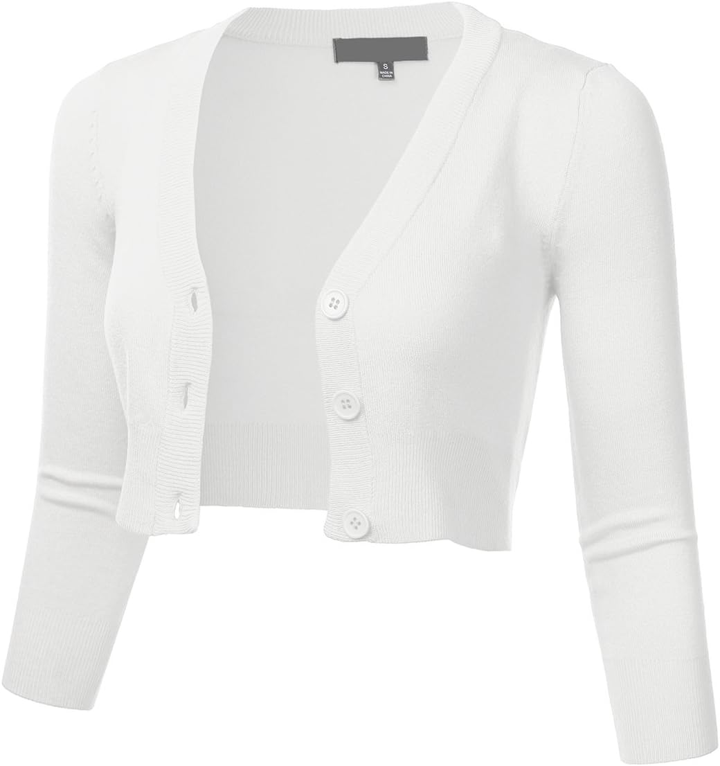 FLORIA Women Solid Button Down 3/4 Sleeve Cropped Bolero Cardigan Sweater (S-4X)