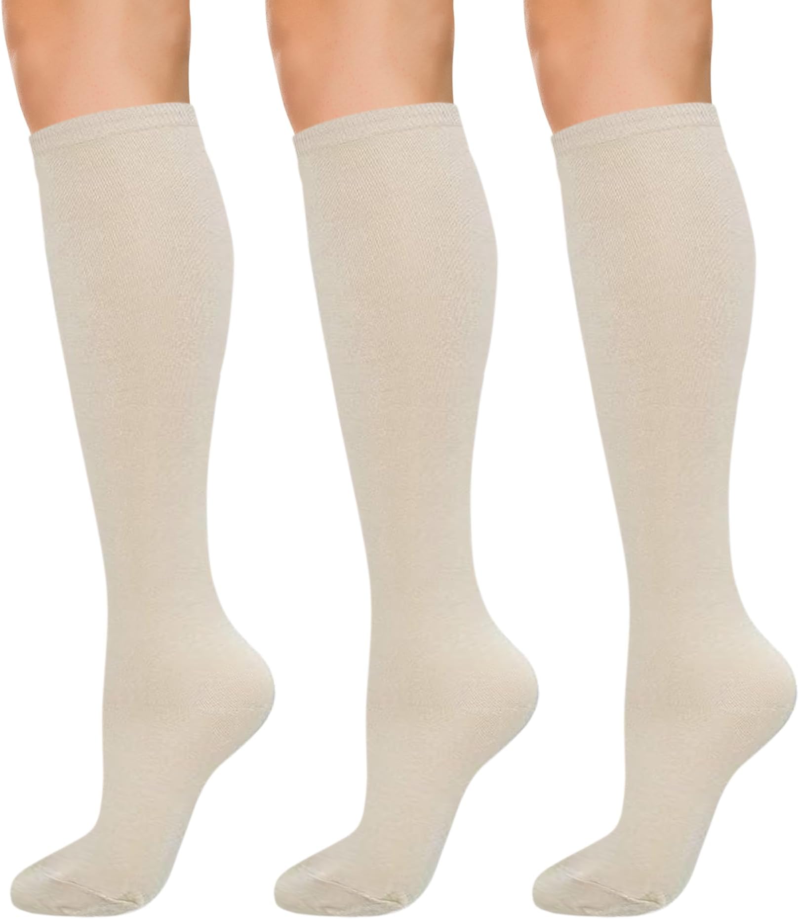 Women's Cotton Knee High Socks, 3 Pairs Solid & Striped Casual Dress Socks, Breathable, Moisture Wicking, Shoe Size 5-10