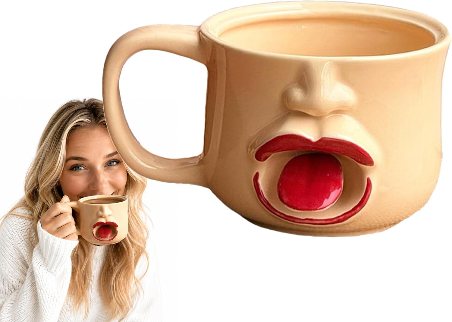 Funny Face Mug with Shaking Tongue Coffee Cup,Interactive Novelty Drinkware with Movable Wiggling Tongue, Abstract Personality 3D Ceramic Mug, Handmade Prank Gift for Friends, Coworkers and Family