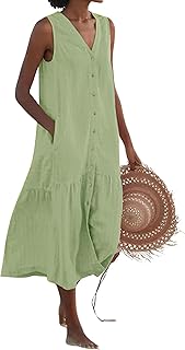 Women's Summer Sleeveless Button Down Cotton Tank Dress Loose A-Line Tiered Tunic Beach Dress - Buy now