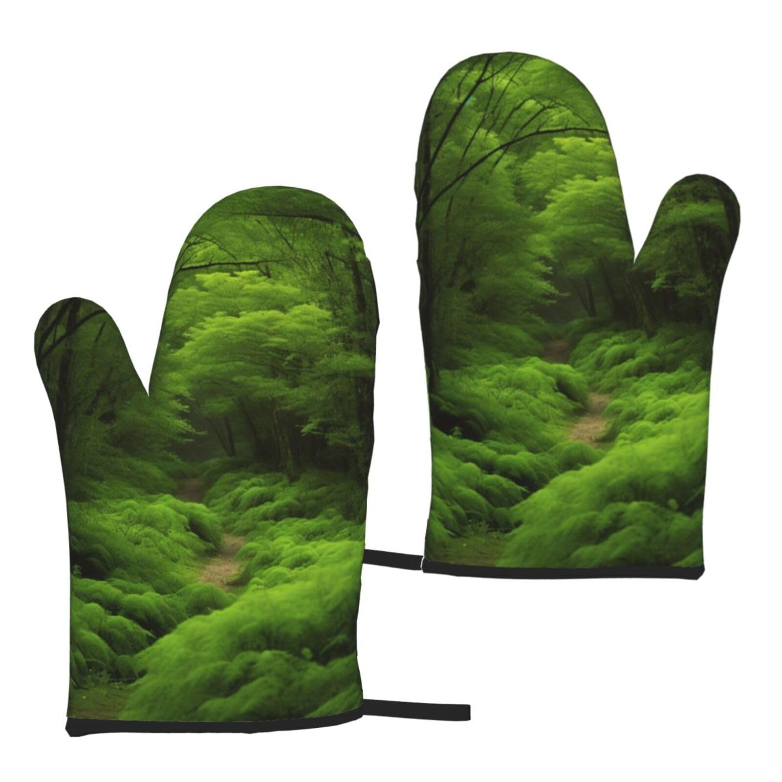 Green Vegetation Printed Oven Mitts Sets 2 PCS Heat Resistant and Non-Slip Glove Potholder for Kitchen Cooking Baking Grilling