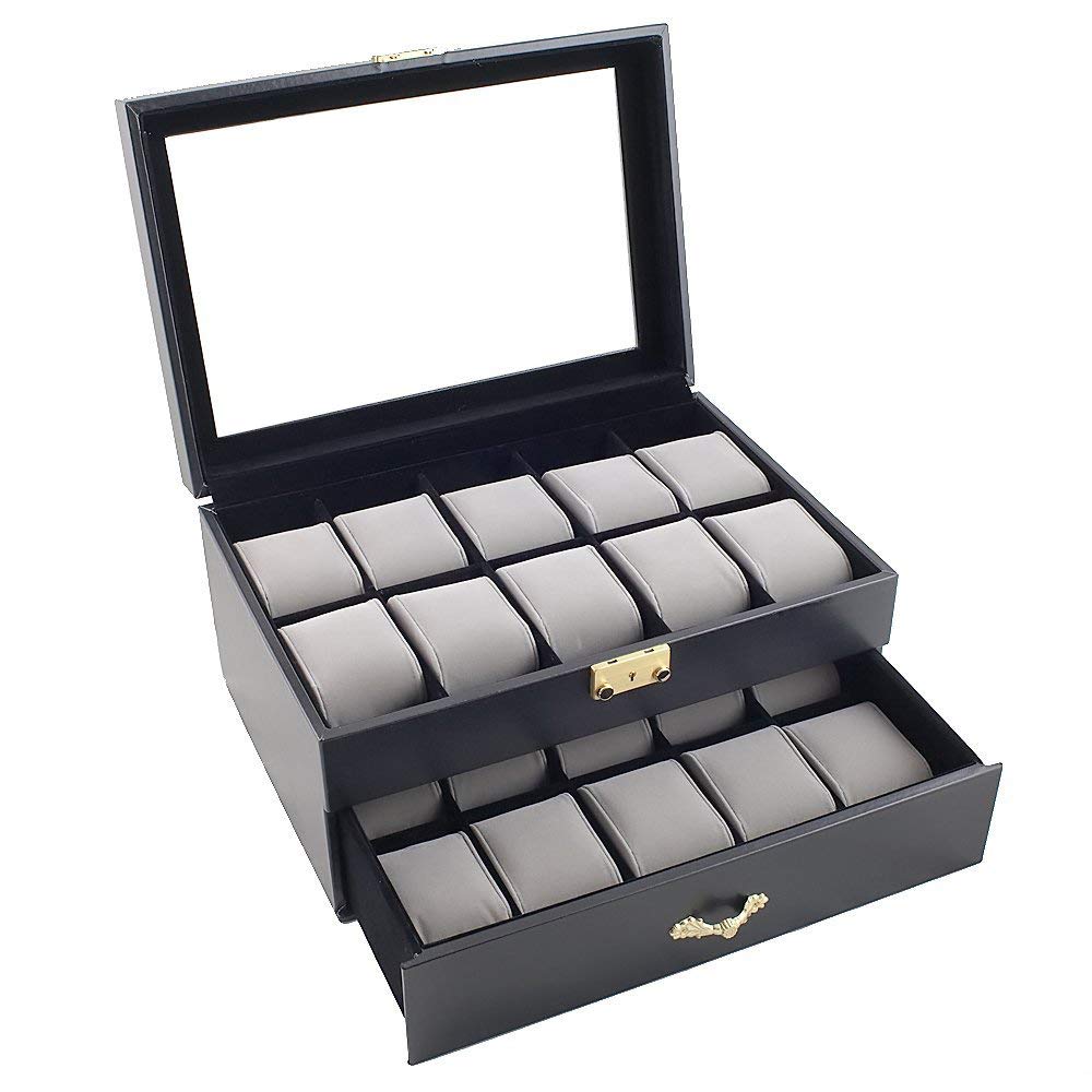 Caddy Bay CollectionBlack Classic Watch Case Display Box with Clear Glass Top Holds 20 Watches with Microfiber Cleaning Cloth