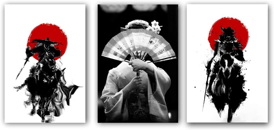 MM Art Black White Japanese Geisha with Folding Fan Painting Canvas Art Ancient Japan Samurai Red Sun Figure Painting Minimalist Nordic Wall Art Picture For Living Room Modern Home Decor (40x60c