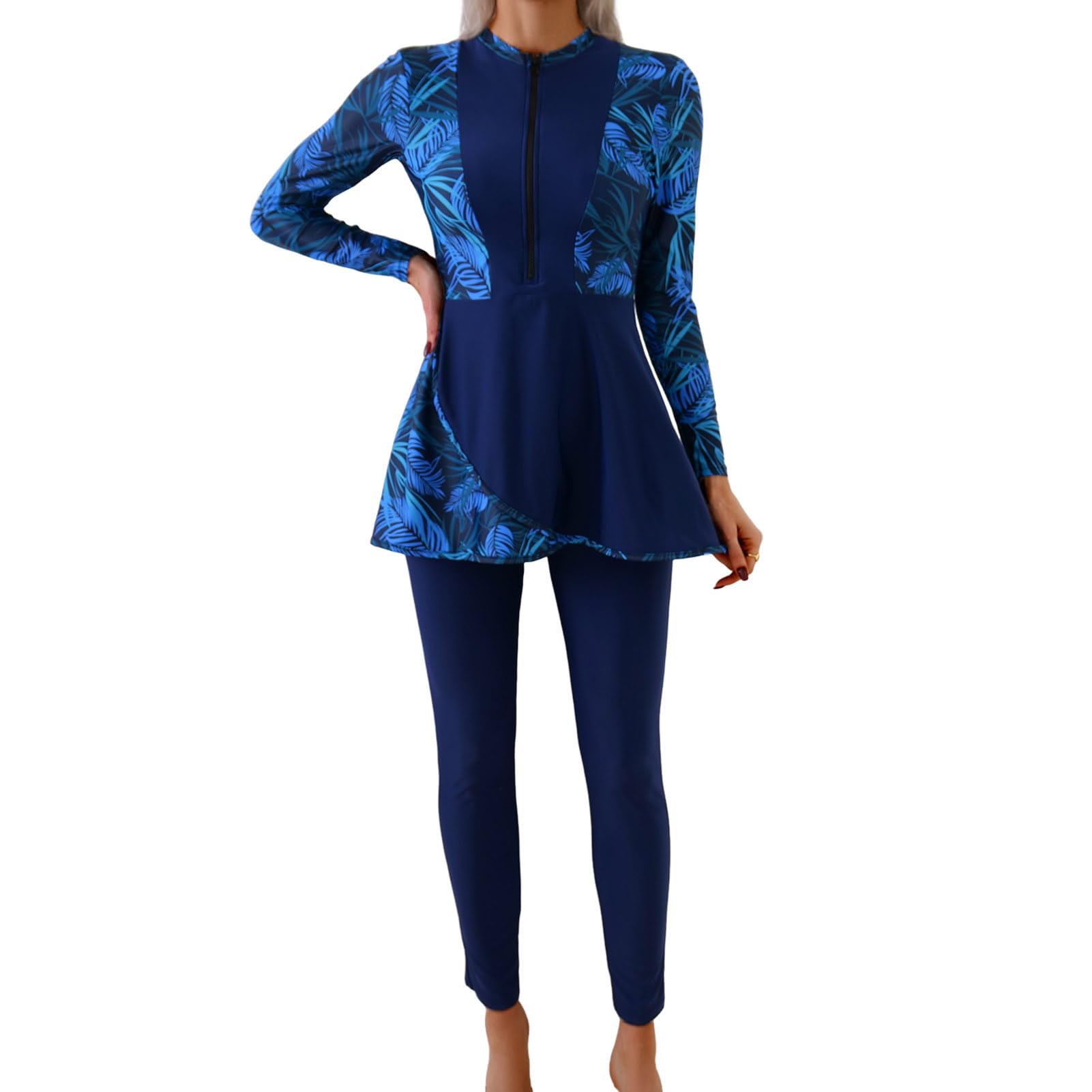 ABEHIK Burkini tendance pour femme, maillot de bain musulman à manches longues avec ourlet à jupe, maillot de bain 2 pièces pour la plage