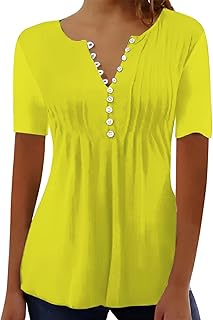 Camiseta de manga corta para mujer, informal, plisada, cuello redondo, manga corta, holgada, color liso